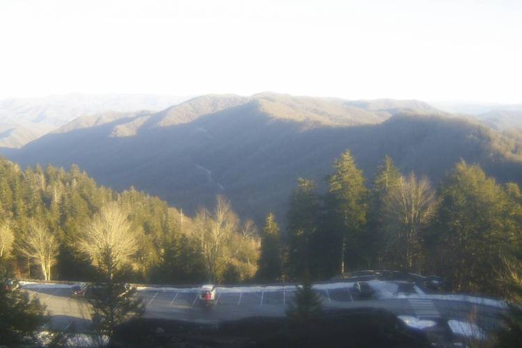 View of parking lot and mountains.