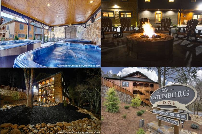 Collage of 4 photos of the cabin.